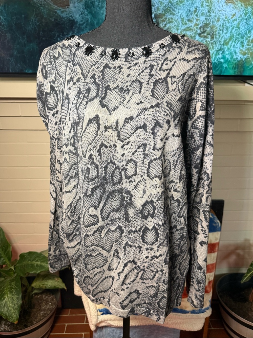 Jones New York Black and White Snake-Print Beaded Neck Sweater